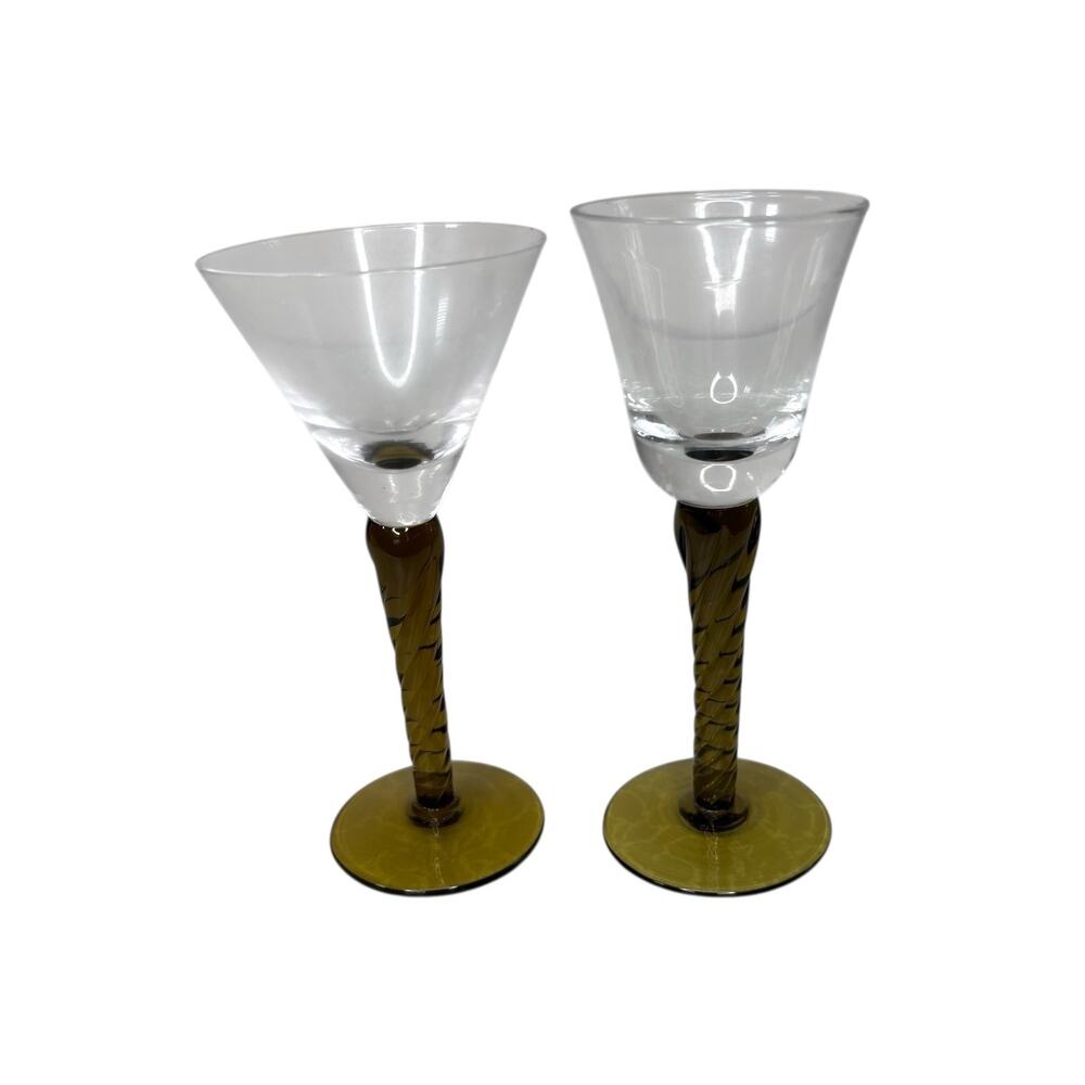 Pair of Twisted Stem Art Glass Goblets 8.5” Vintage Amber Green (not Matching)